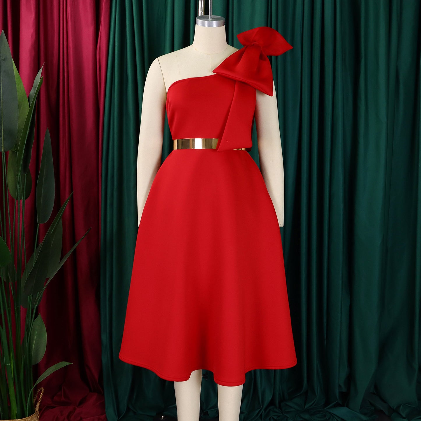 One-Shoulder Midi Dress with Bow Detail