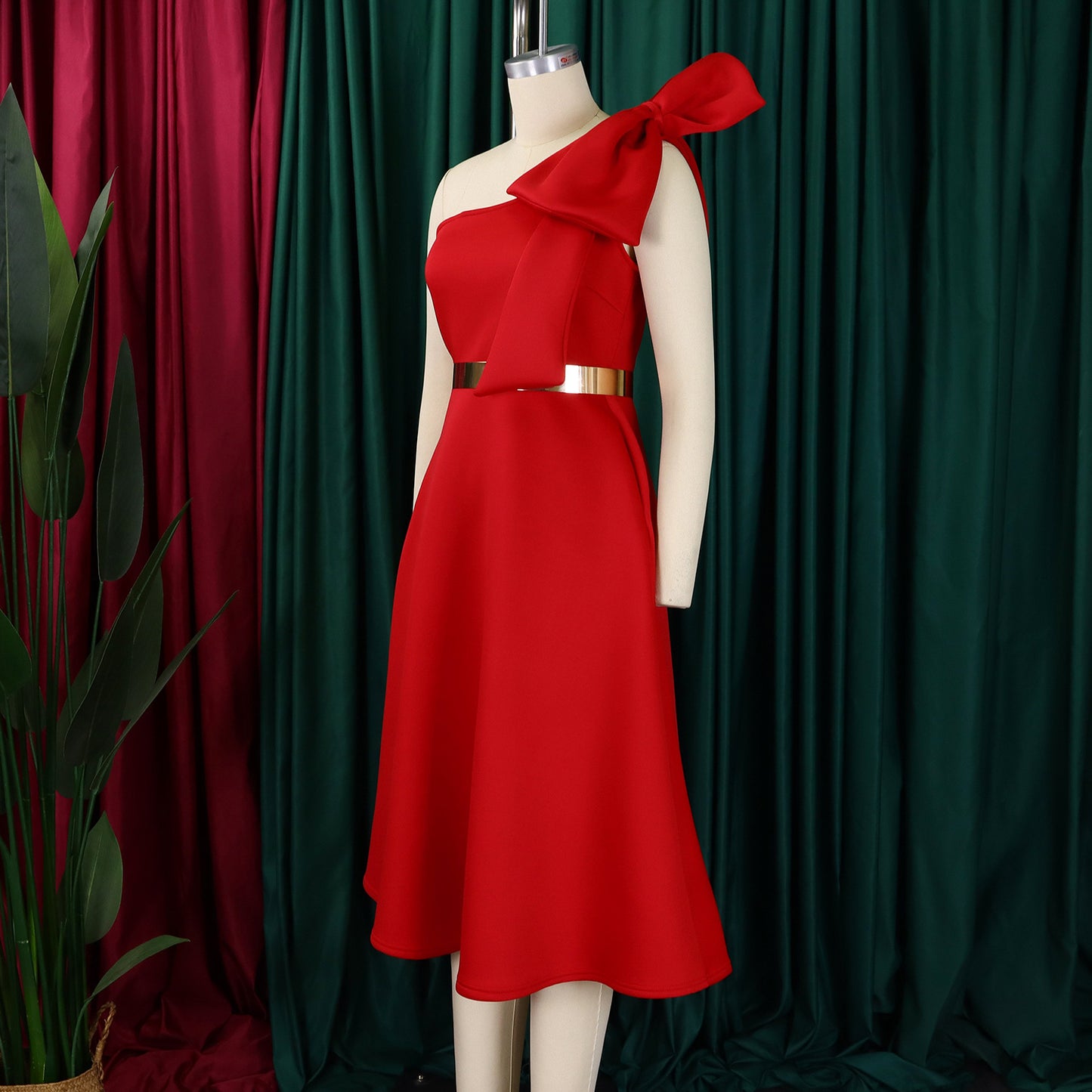 One-Shoulder Midi Dress with Bow Detail