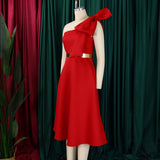 One-Shoulder Midi Dress with Bow Detail