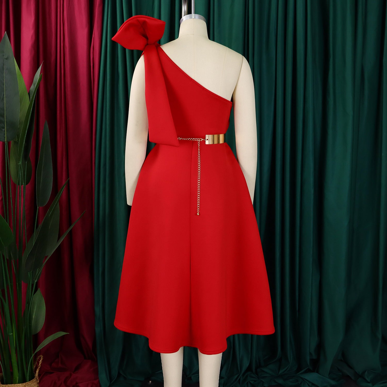 One-Shoulder Midi Dress with Bow Detail