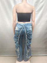 Ruched and Frayed Denim Pants