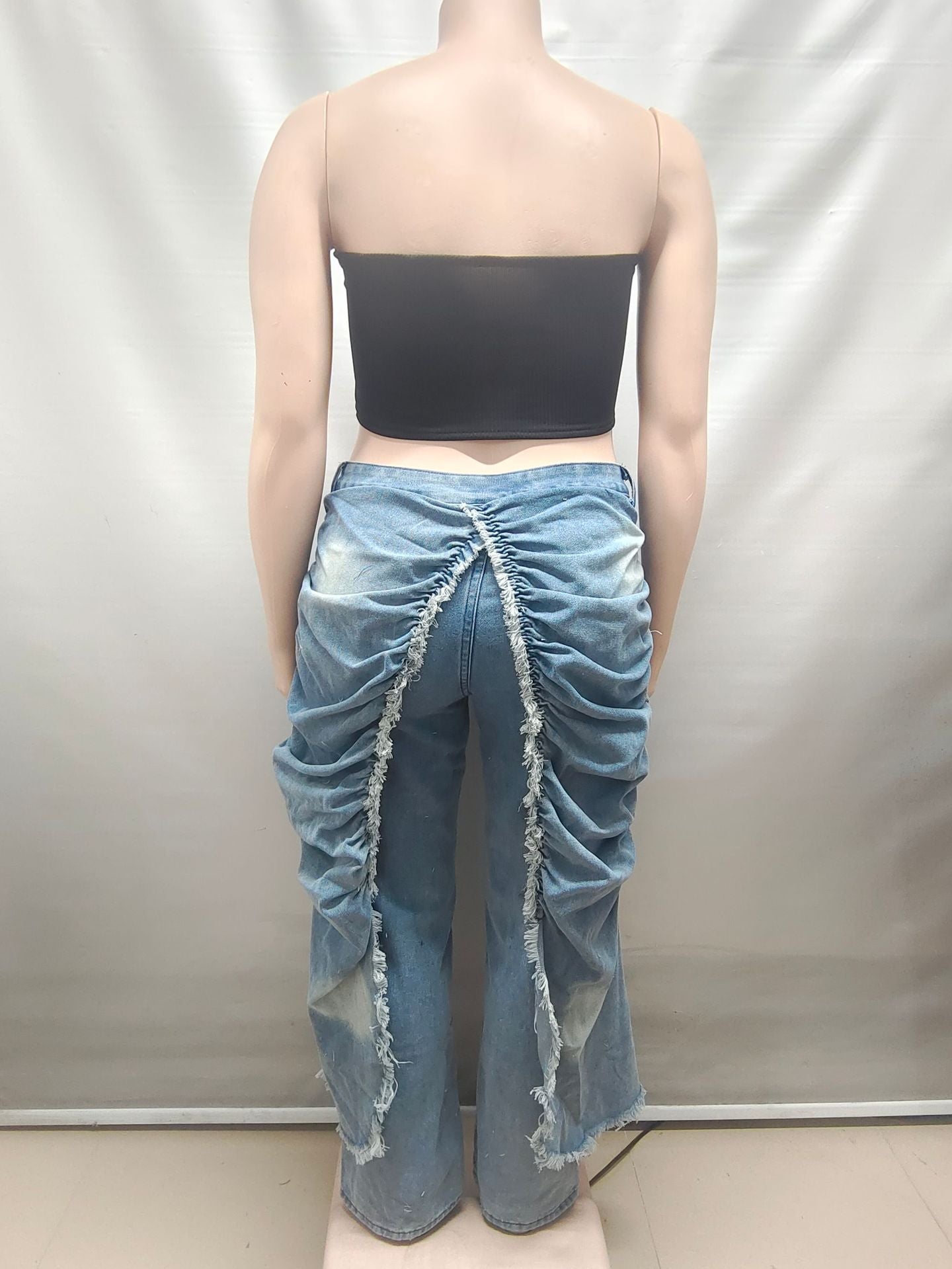 Ruched and Frayed Denim Pants