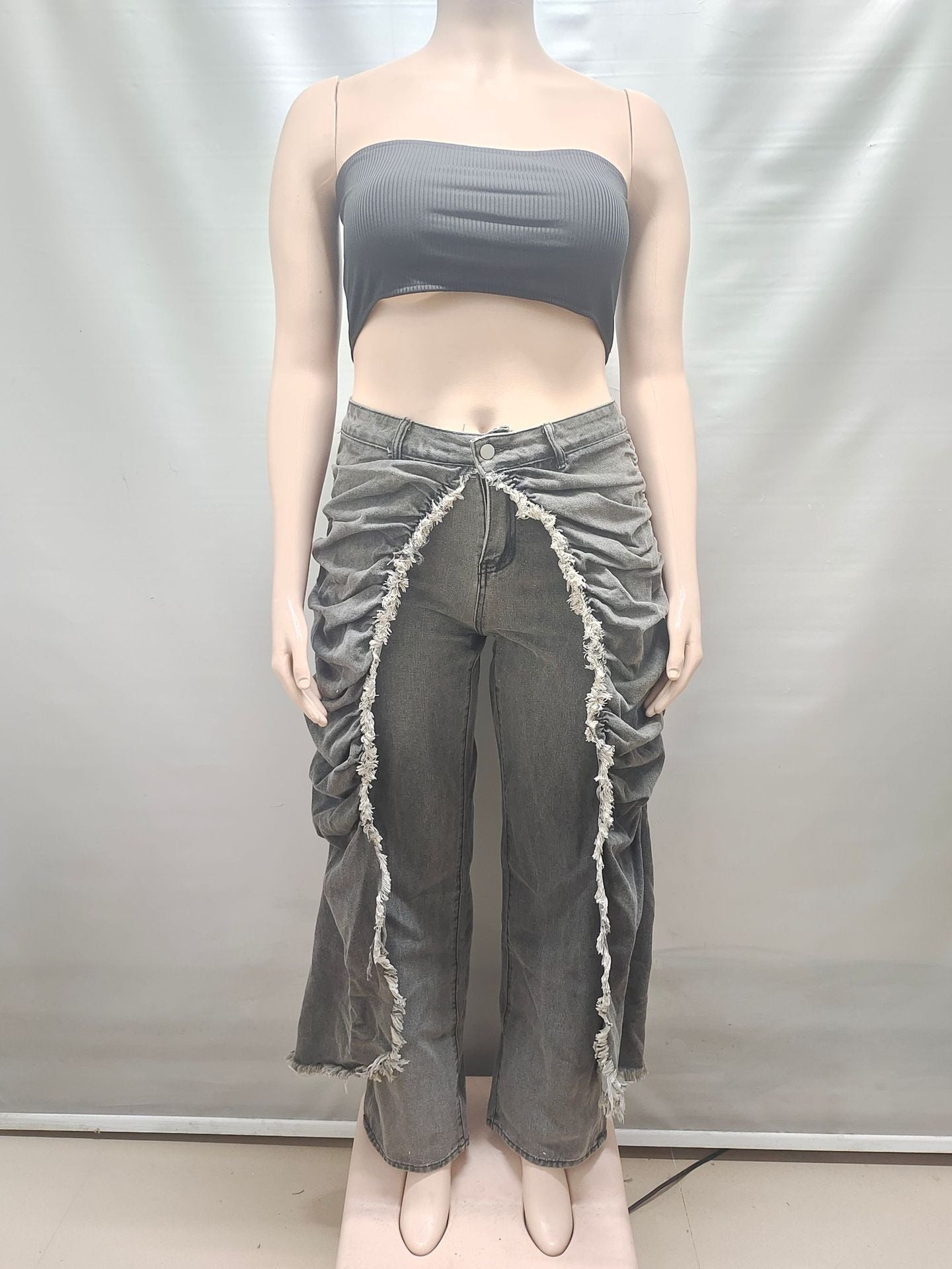 Ruched and Frayed Denim Pants