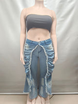 Ruched and Frayed Denim Pants