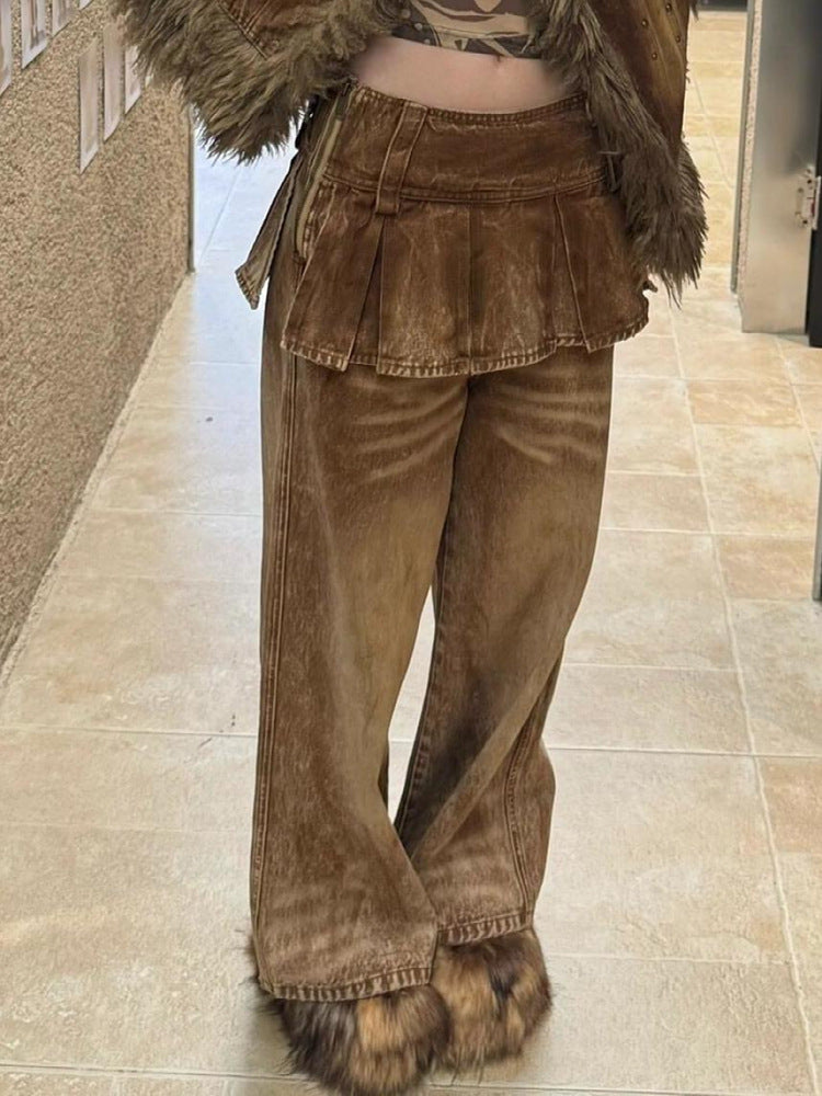 Chic Brown Pants with Faux Fur Trim