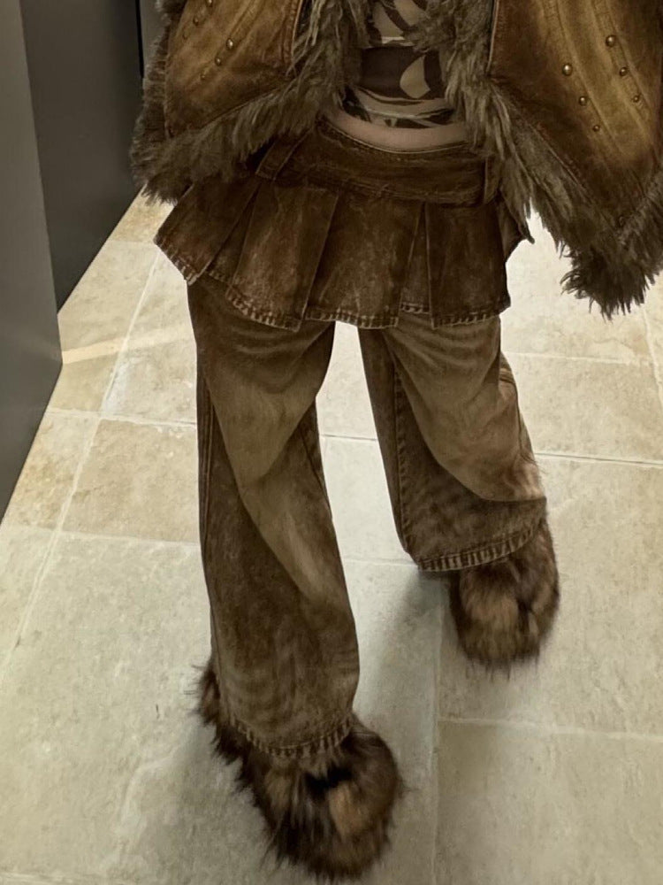 Chic Brown Pants with Faux Fur Trim