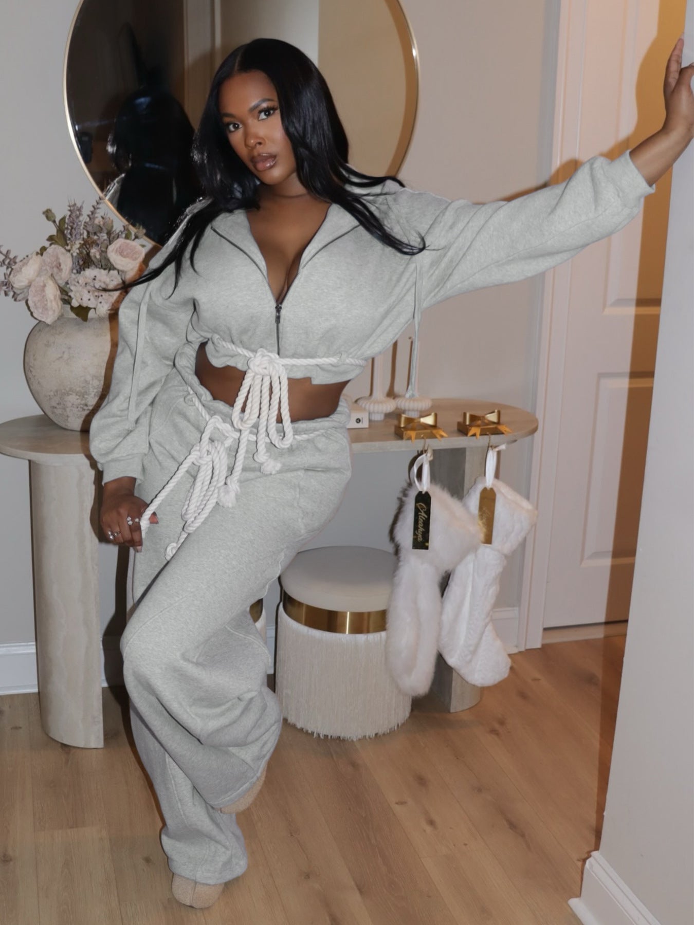 Hooded Crop Top and Wide-Leg Joggers Set