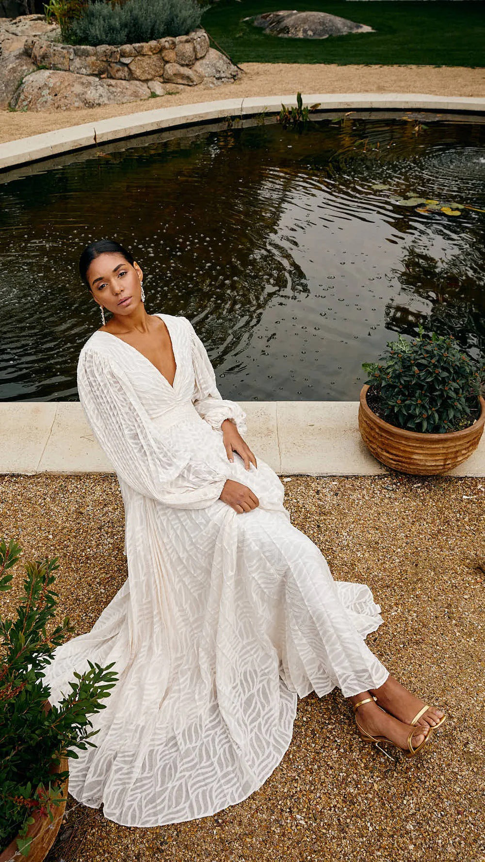 Maxi Dress with Textured Pattern & Dramatic Sleeves