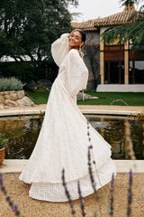 Maxi Dress with Textured Pattern & Dramatic Sleeves