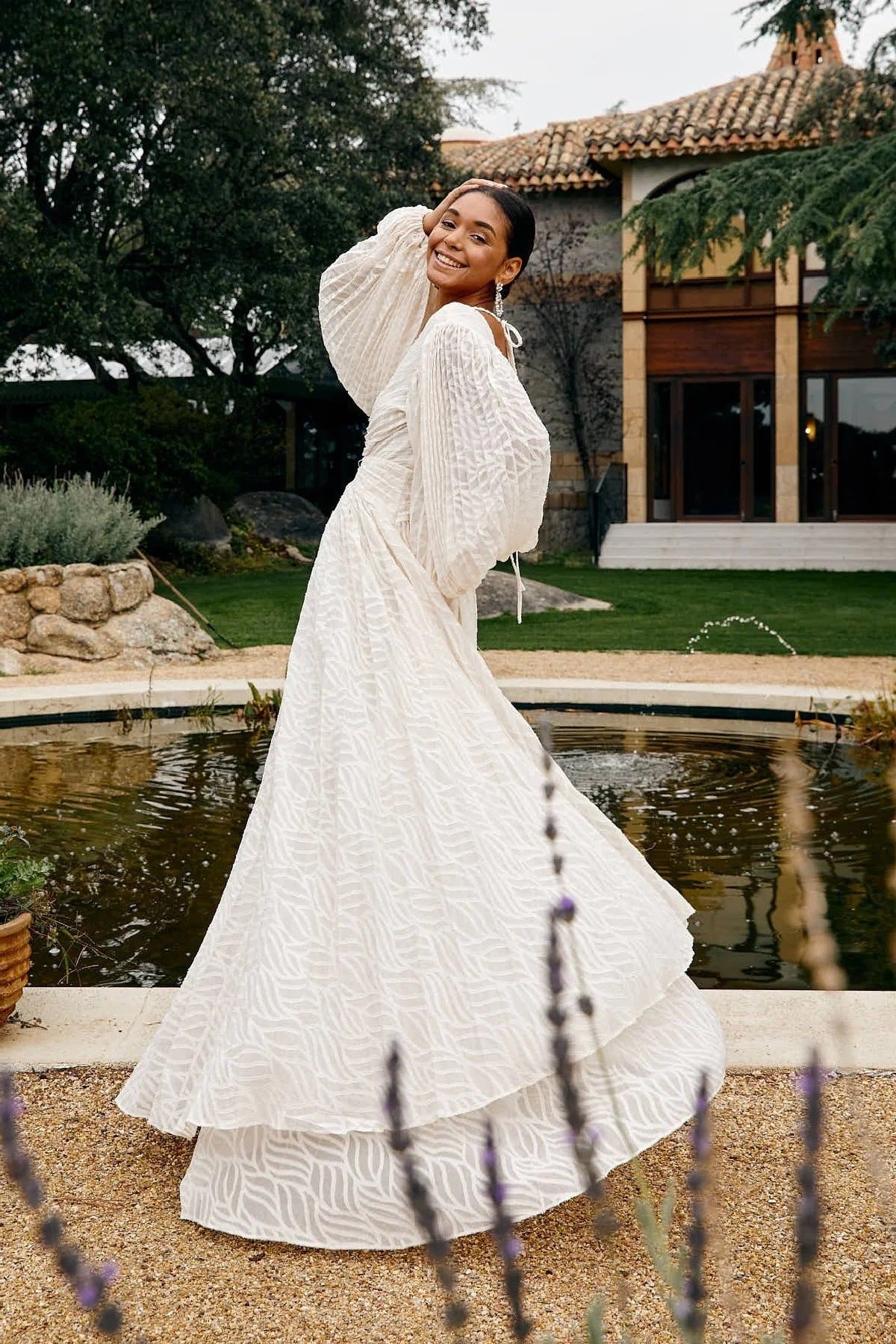 Maxi Dress with Textured Pattern & Dramatic Sleeves