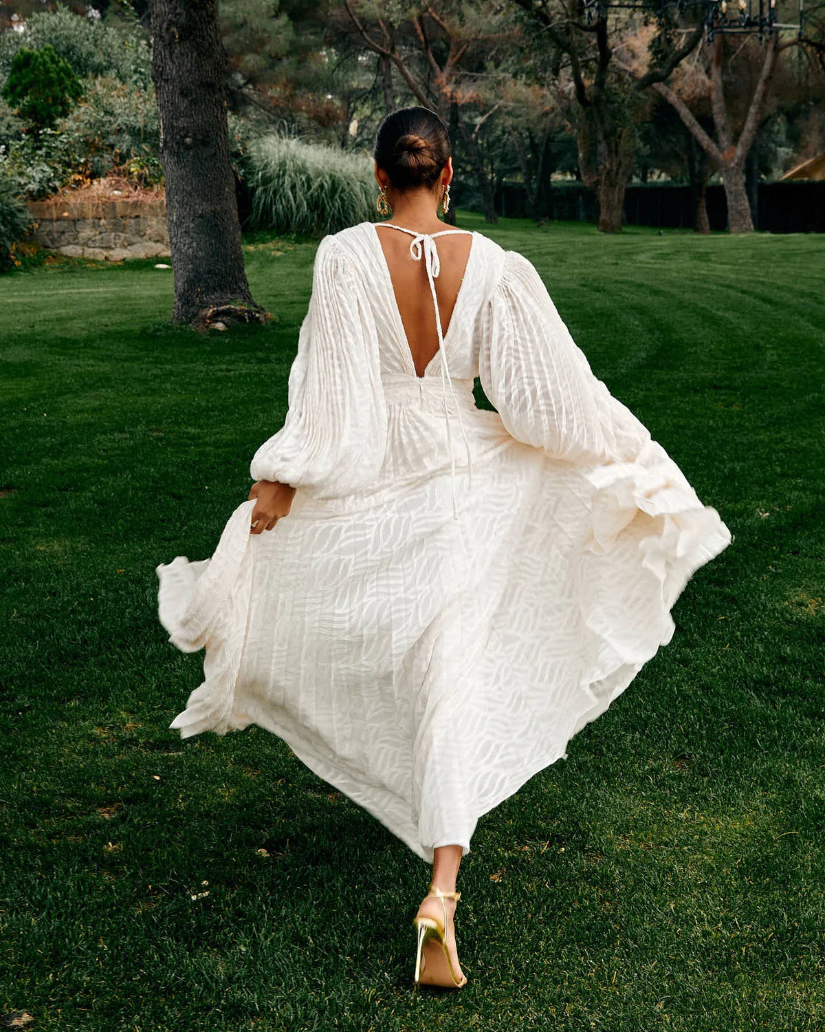 Maxi Dress with Textured Pattern & Dramatic Sleeves