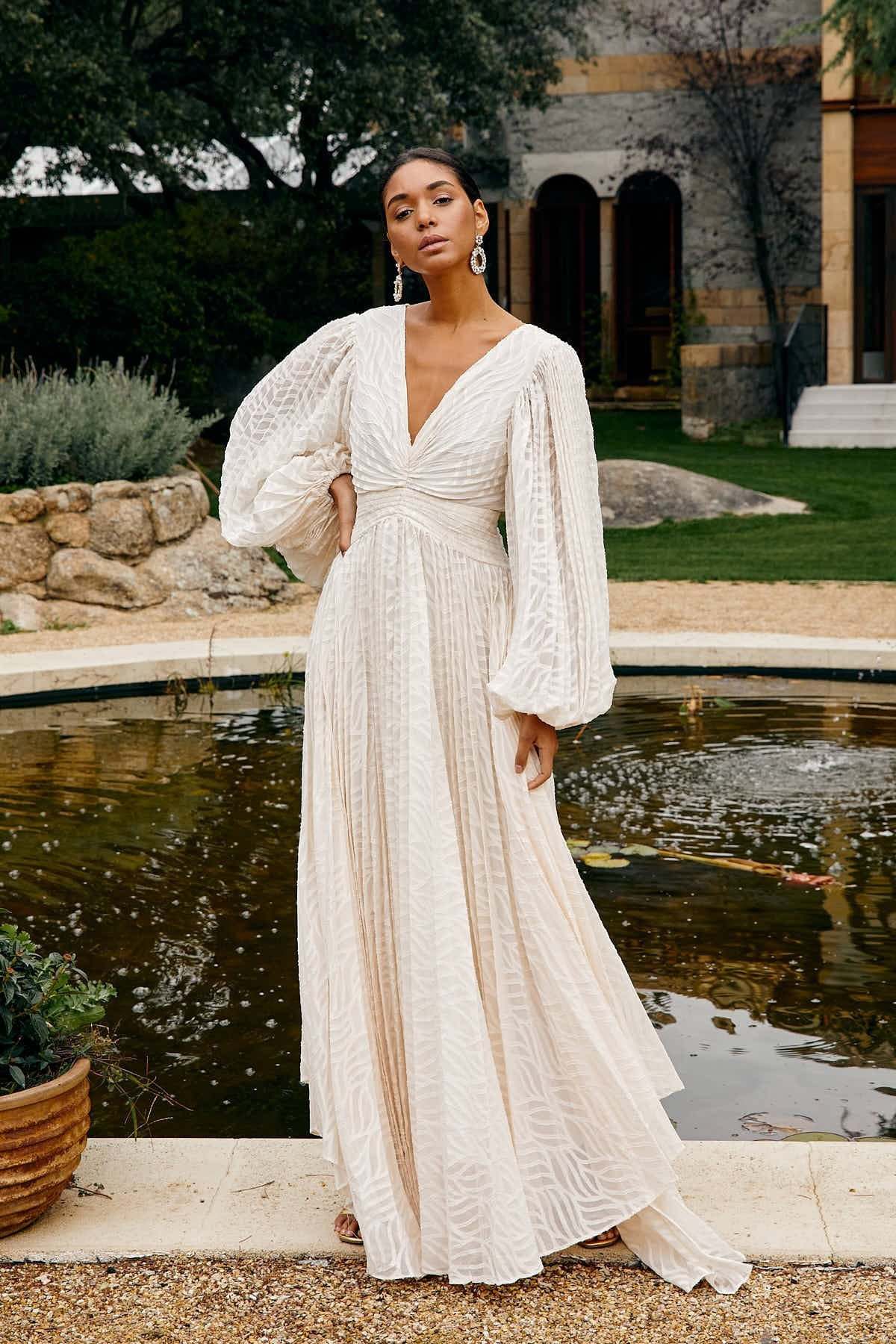 Maxi Dress with Textured Pattern & Dramatic Sleeves