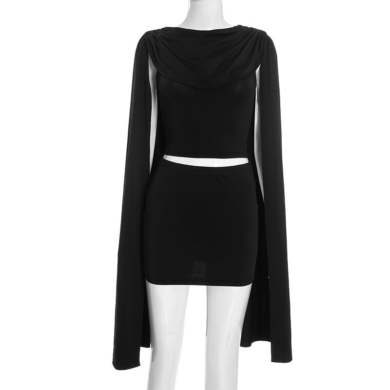 Long-Sleeve Cape-Shoulder Top & Skirt