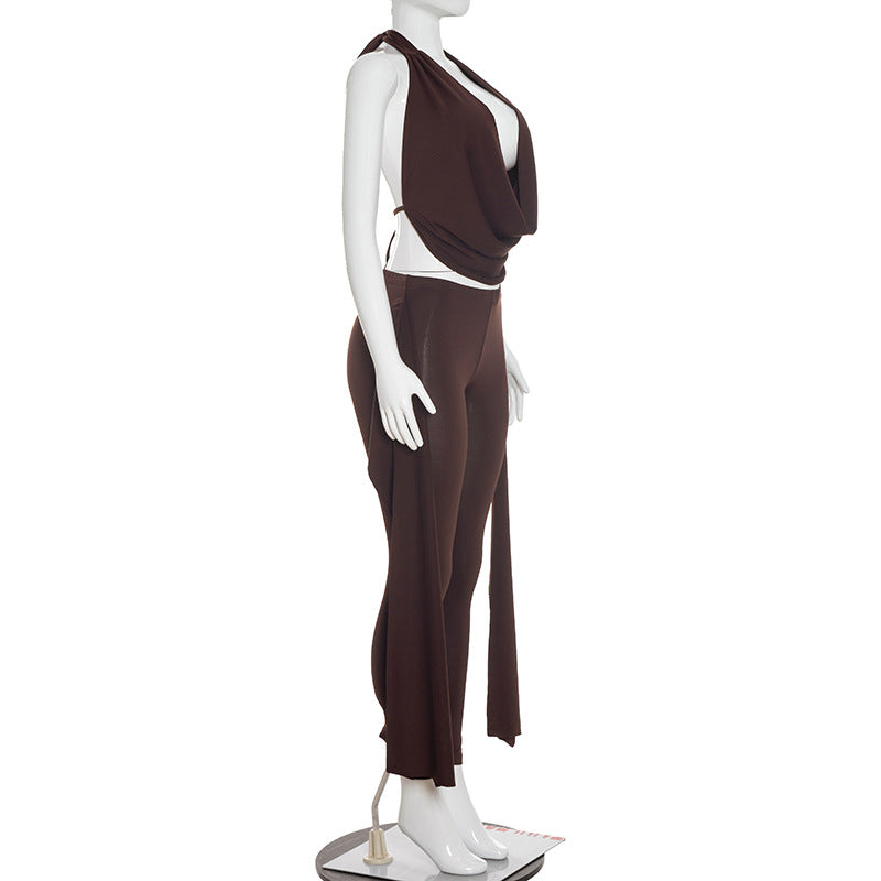Chic Brown Cut-Out Halter Top & Pants