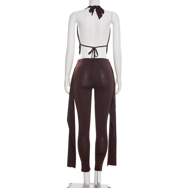 Chic Brown Cut-Out Halter Top & Pants