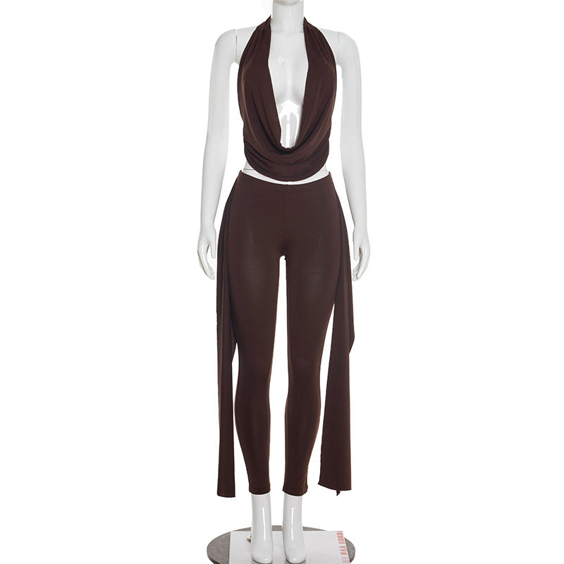 Chic Brown Cut-Out Halter Top & Pants