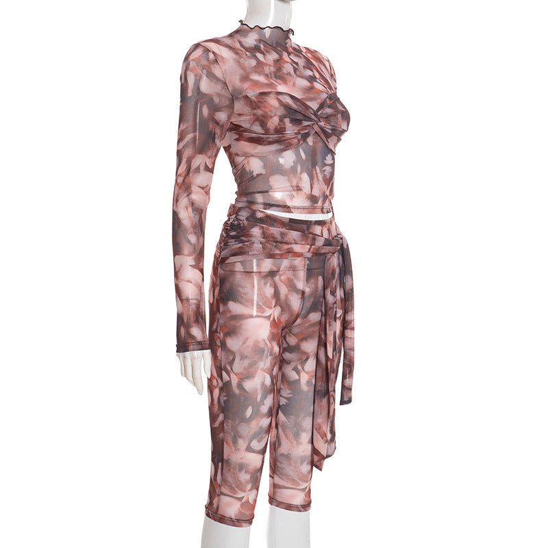 Abstract Print Set with Tie-Waist Cropped Pants