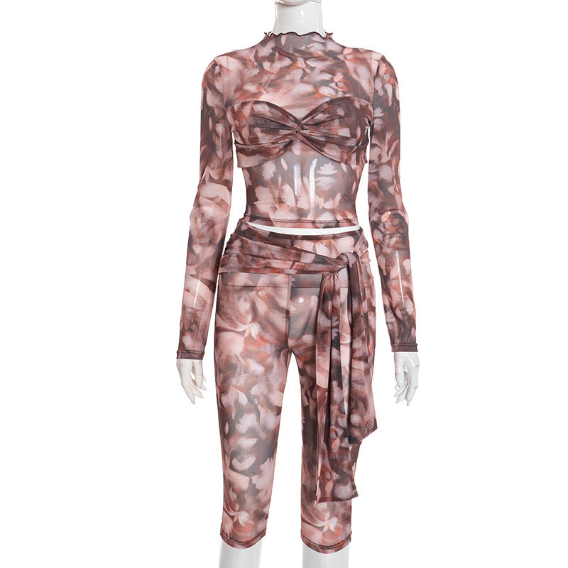 Abstract Print Set with Tie-Waist Cropped Pants