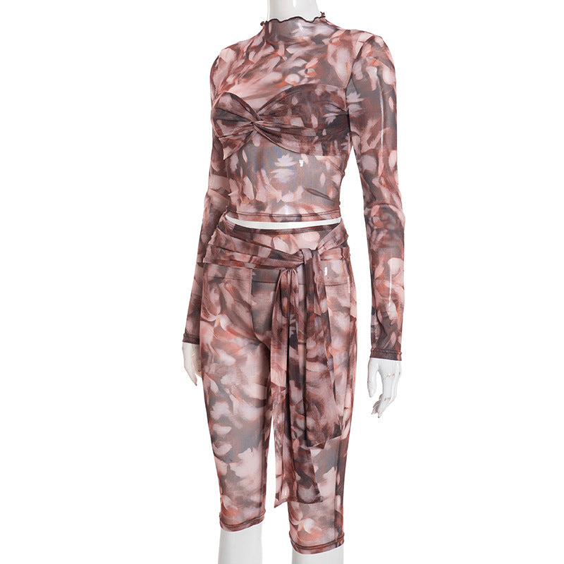 Abstract Print Set with Tie-Waist Cropped Pants