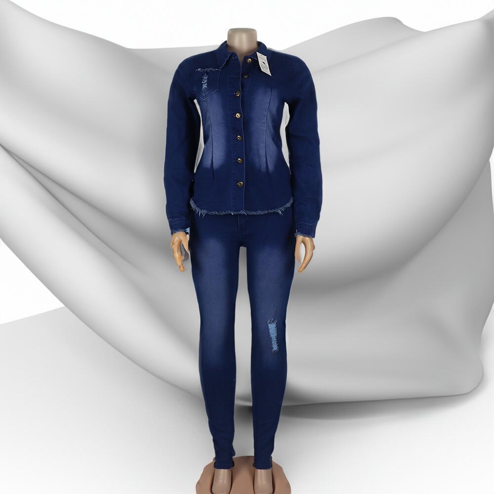 Elegant Denim Fitted Two Piece Set