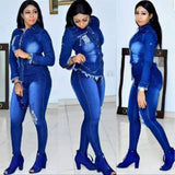 Elegant Denim Fitted Two Piece Set