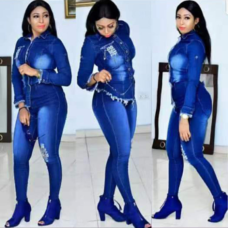 Elegant Denim Fitted Two Piece Set