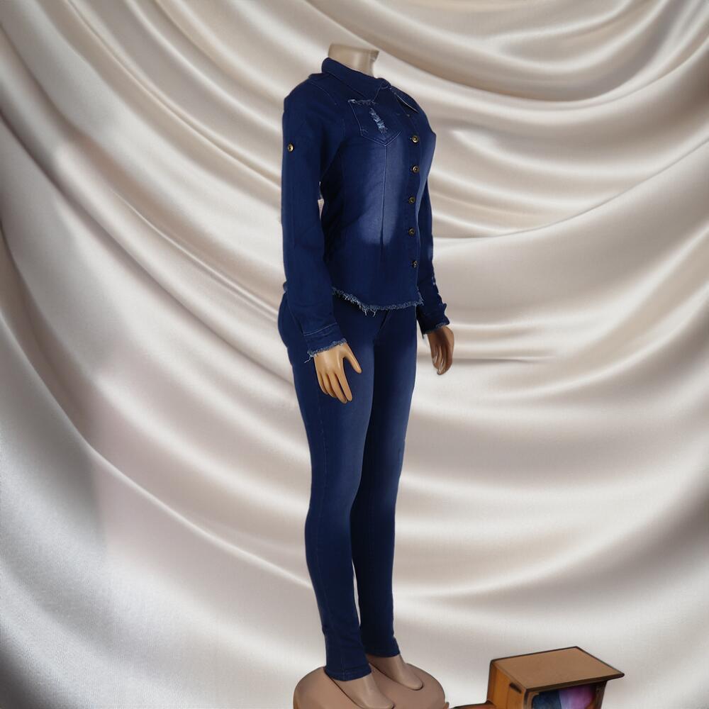 Elegant Denim Fitted Two Piece Set