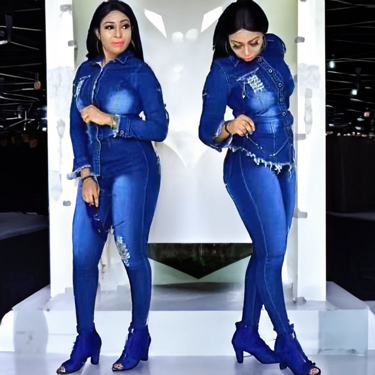 Elegant Denim Fitted Two Piece Set