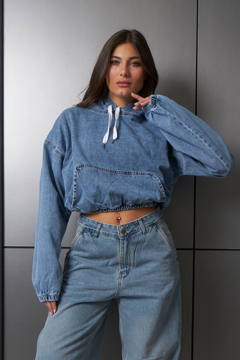 Cropped Black Denim Hoodie