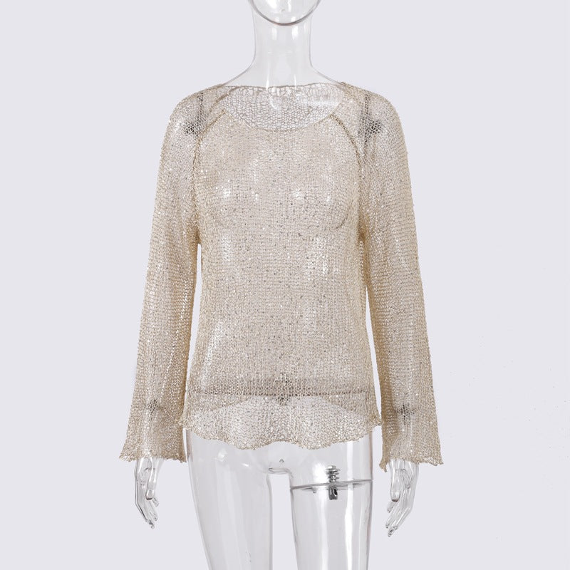ElegantBeige Metallic Knit Top