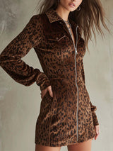 Stylish Leopard Print Zip-Up Dress