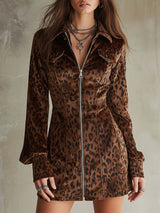 Stylish Leopard Print Zip-Up Dress