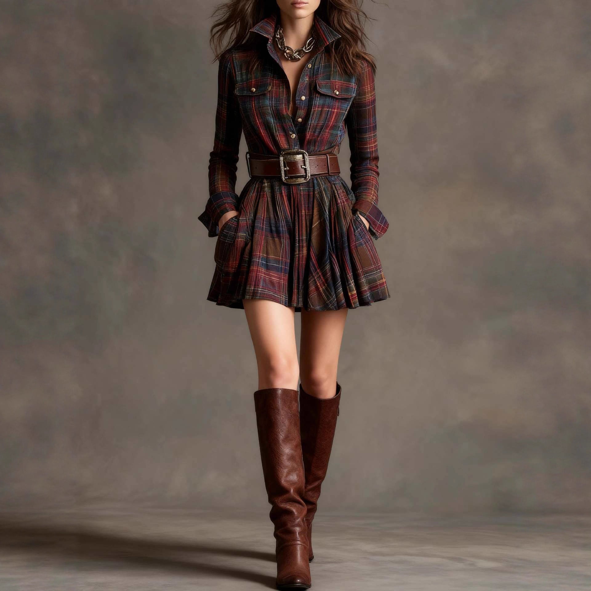 Classic Plaid Shirt Dress with Belt