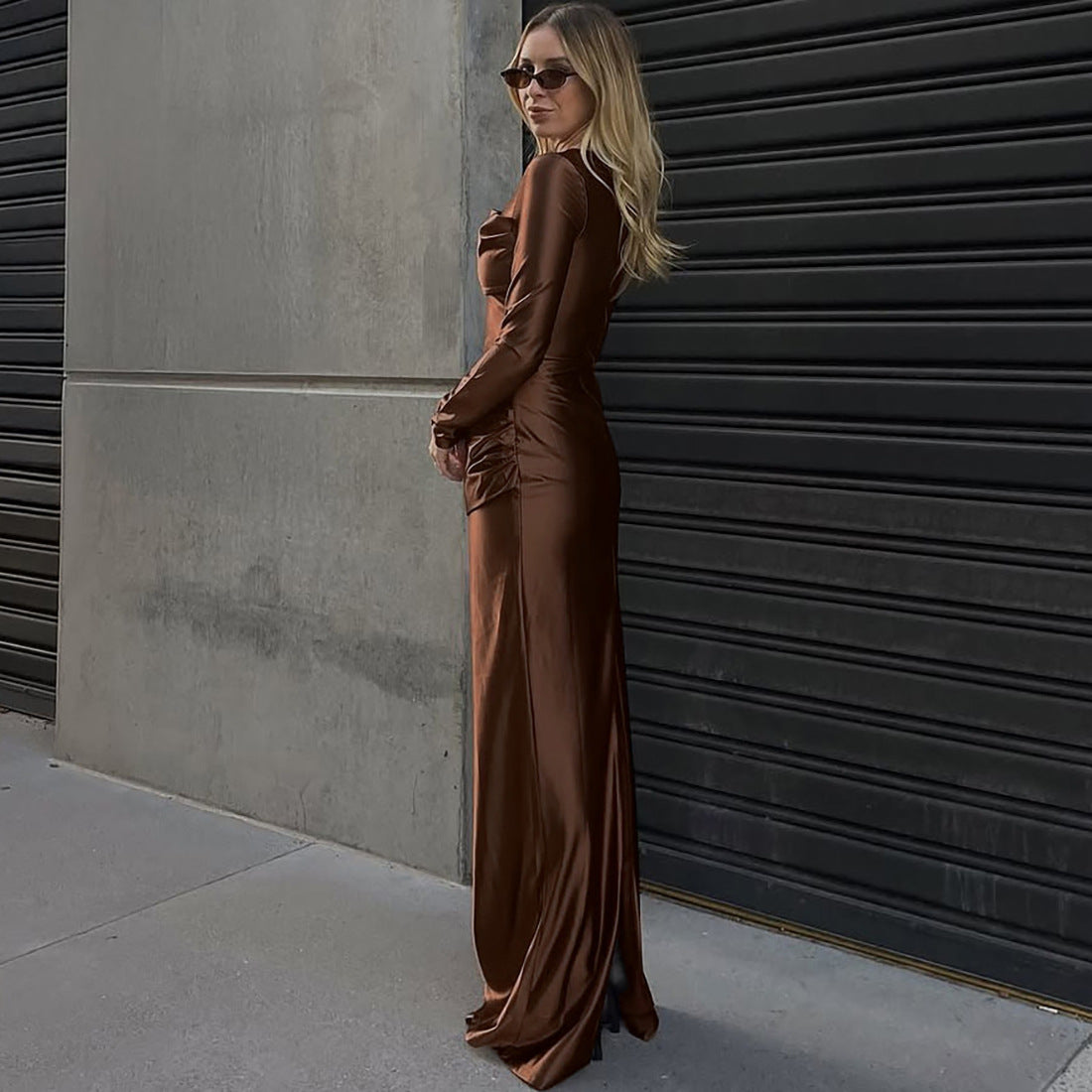 Brown Maxi Dress with Long Sleeves