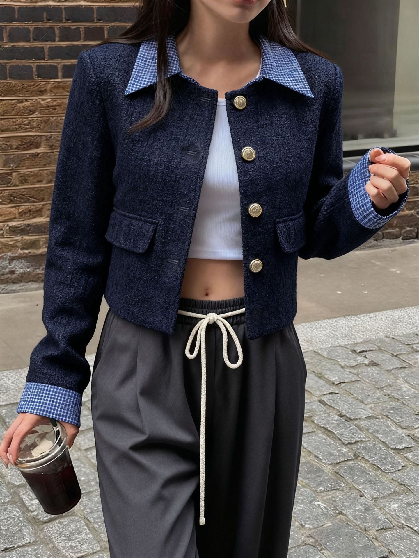 Tweed Cropped Jacket with Gingham Accents