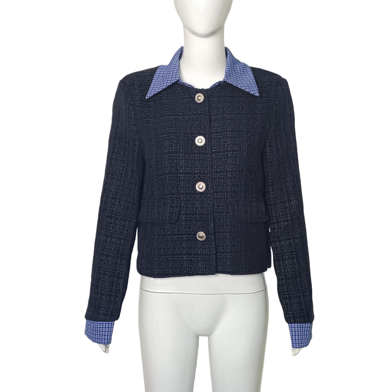 Tweed Cropped Jacket with Gingham Accents