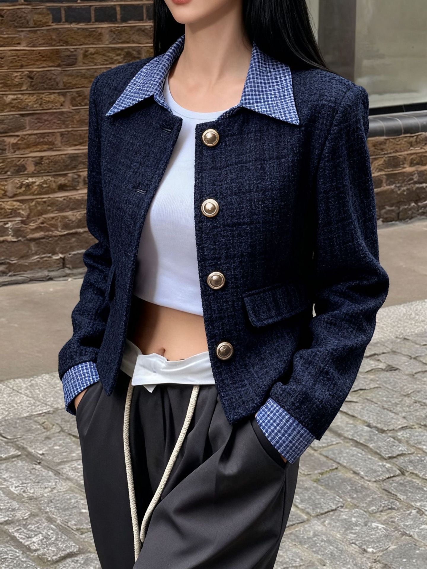 Tweed Cropped Jacket with Gingham Accents