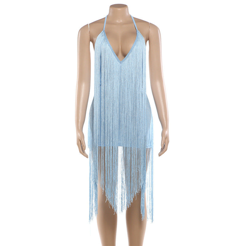 Blue Fringe Halter Dress