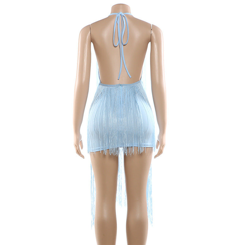 Blue Fringe Halter Dress