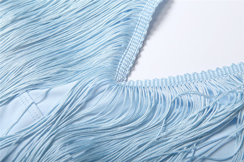 Blue Fringe Halter Dress