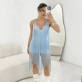 Blue Fringe Halter Dress