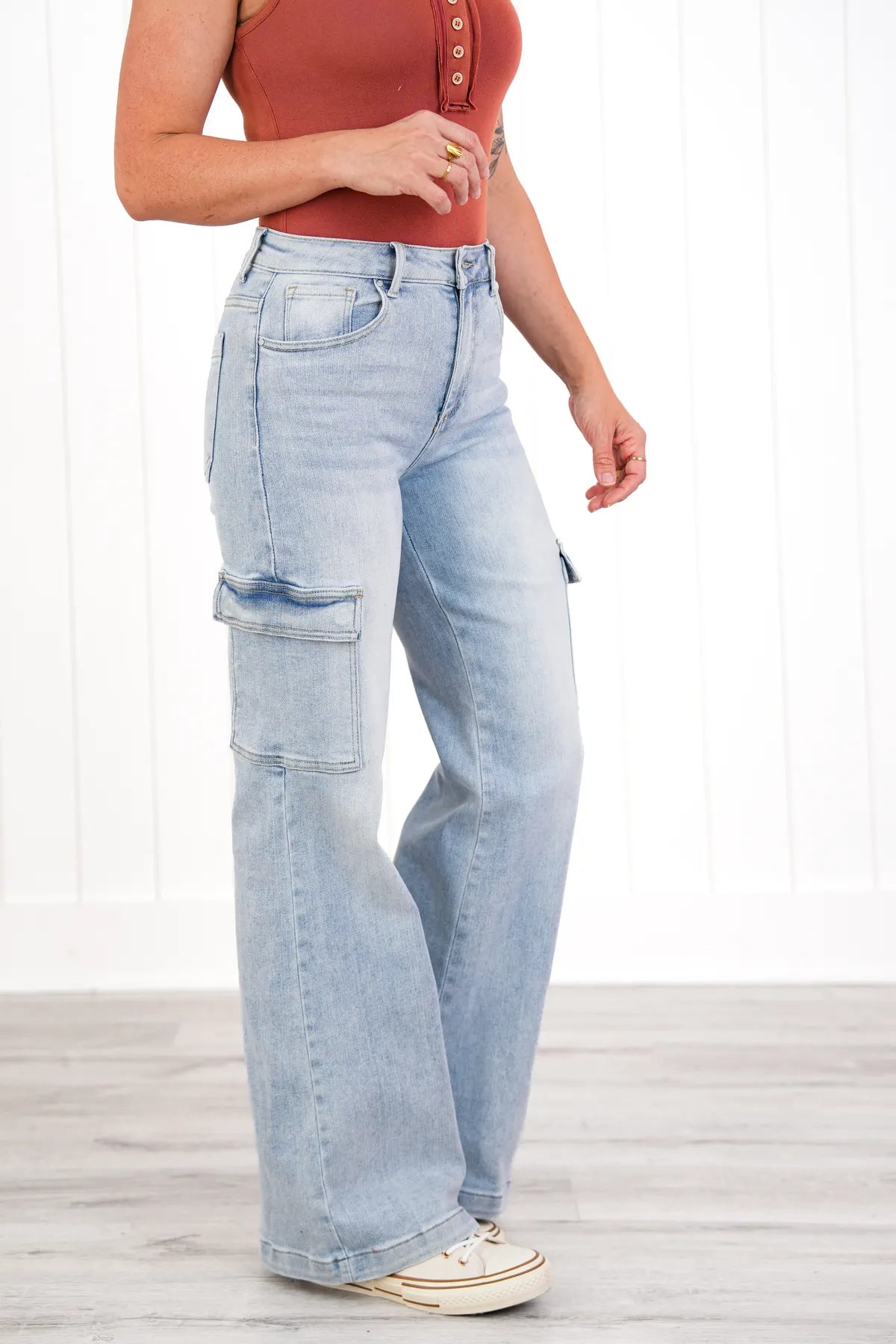 Light Wash Wide-Leg Cargo Jeans