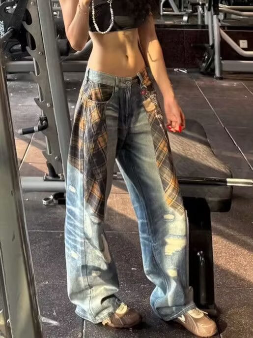 Distressed Wide-Leg Jeans with Plaid Layering