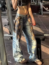 Distressed Wide-Leg Jeans with Plaid Layering