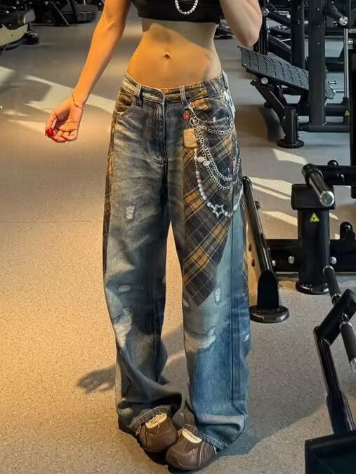 Distressed Wide-Leg Jeans with Plaid Layering