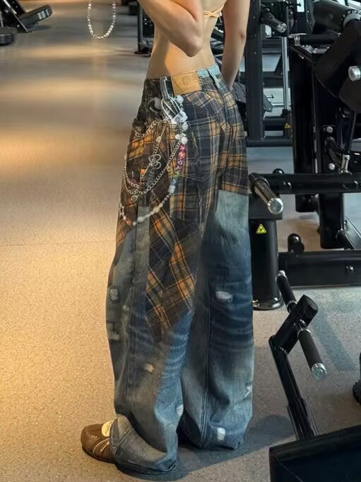 Distressed Wide-Leg Jeans with Plaid Layering