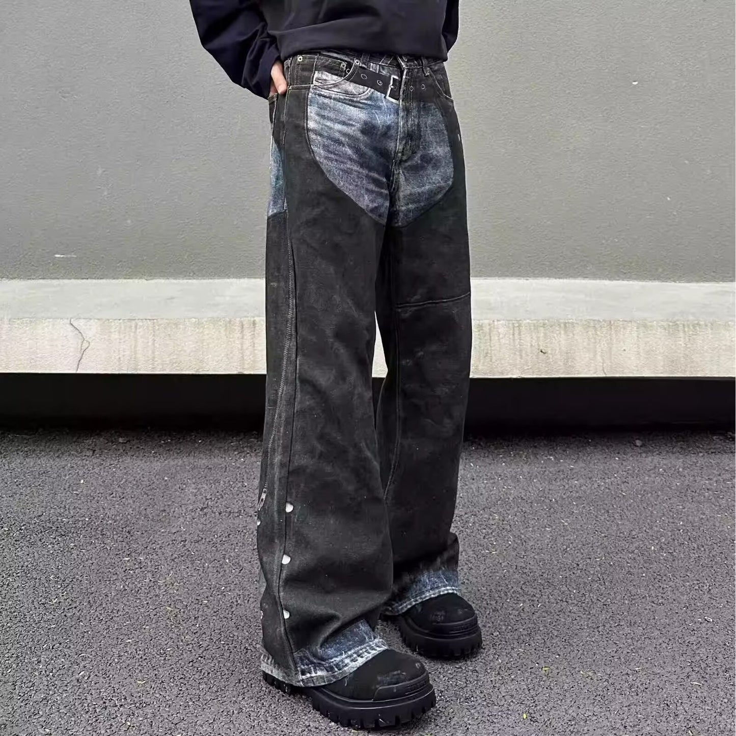 Distressed Wide-Leg Denim Jeans