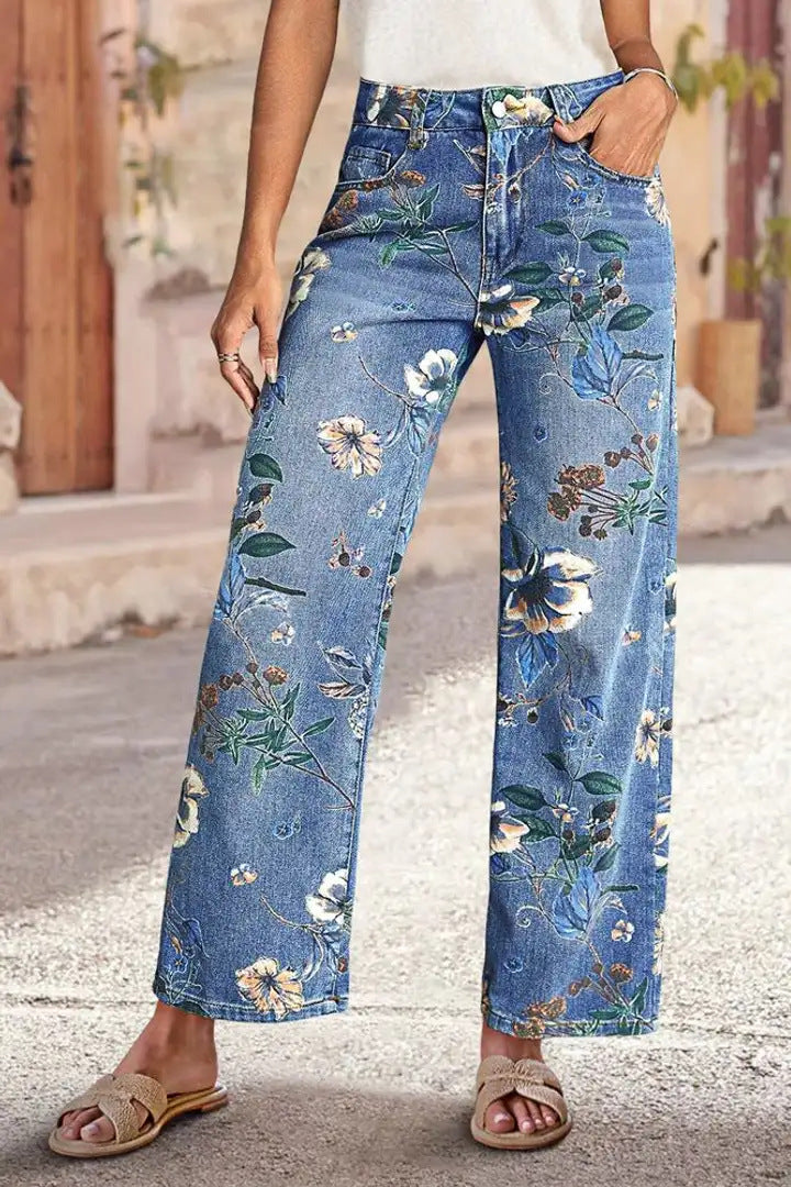 Floral Embroidered Wide-Leg Denim Jeans