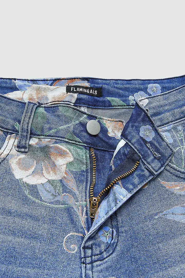 Floral Embroidered Wide-Leg Denim Jeans