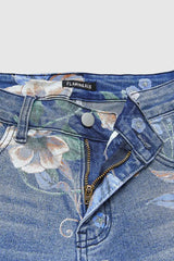 Floral Embroidered Wide-Leg Denim Jeans